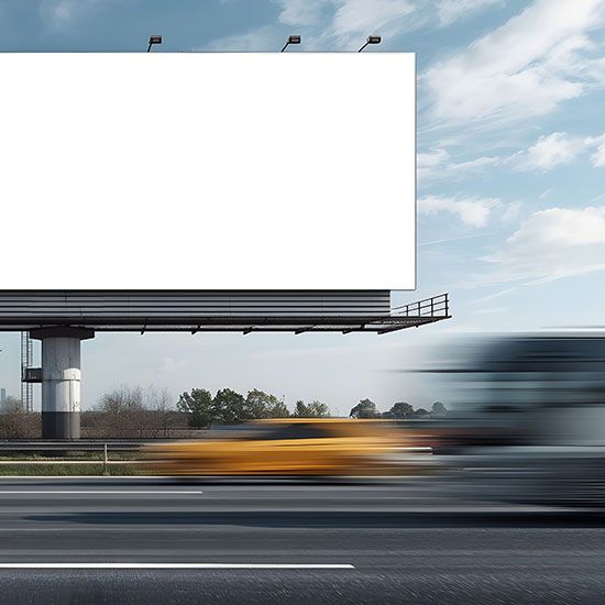 Cars speeding past billboard on highway