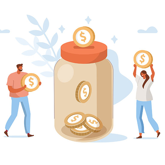 Illustration of people putting big coins in a giant jar