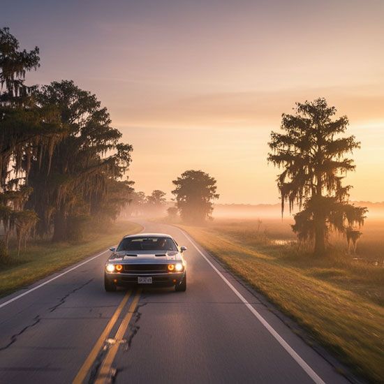 Car driving on foggy southern road